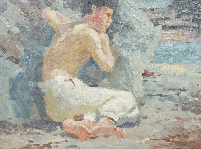 Manner of Henry Scott Tuke RA RWS (1858-1929), Impressionist study of a crouching boy, oil on board, unsigned, 29 x 39cm, ornate gilt frame